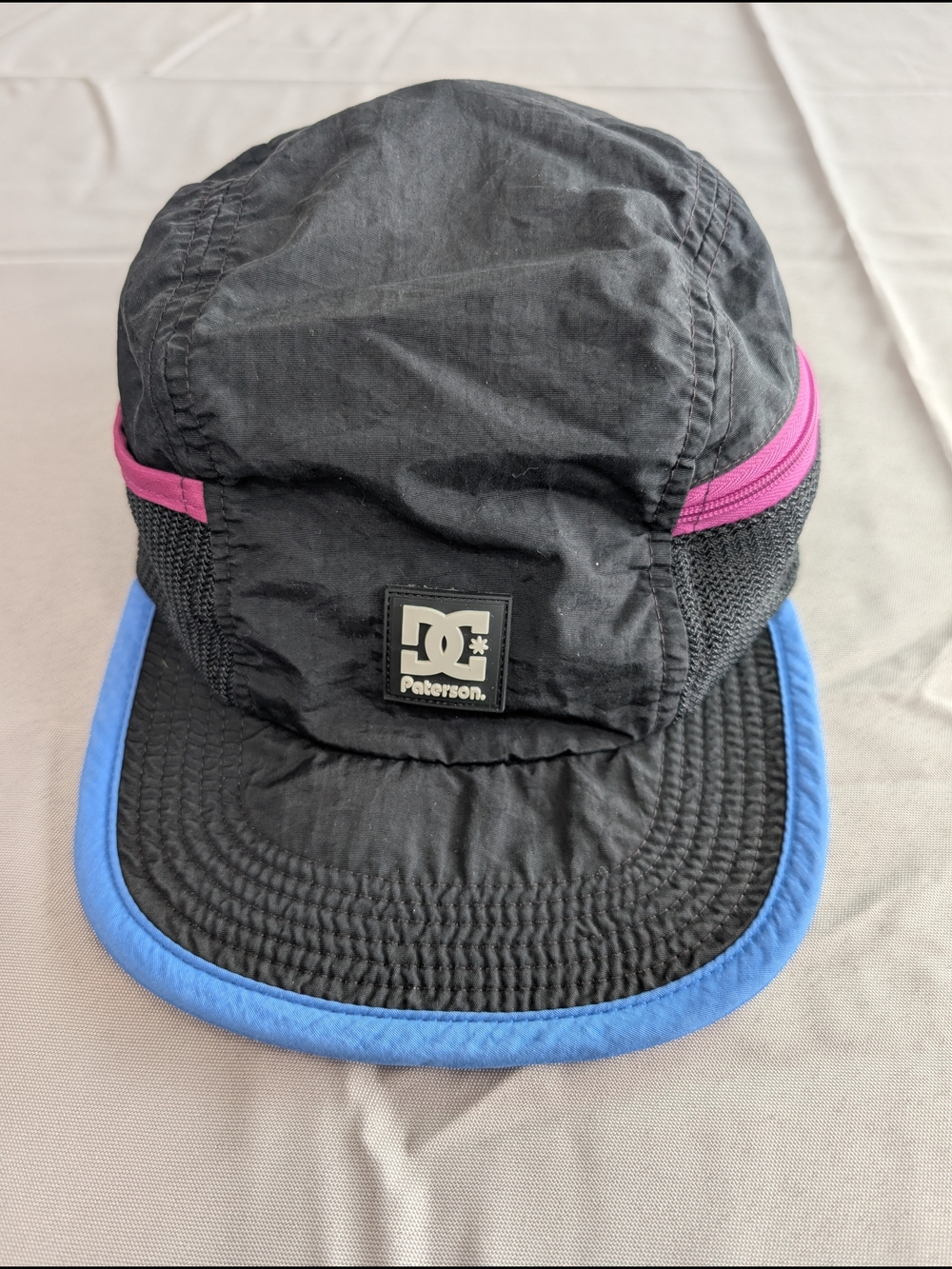 DC Peterson Black Five-Panel Camp Cap with Pink and Blue Trim